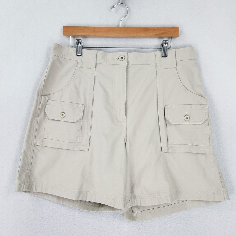 LL Bean Shorts Women 16 Tan Cream Cargo High Waist Casual Hiking Outdoor Fishing - Picture 1 of 9